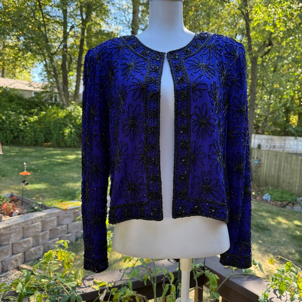Stenay Jacket Royal Blue Purple ? Silk Black Bead Long Sleeve Lined Size M